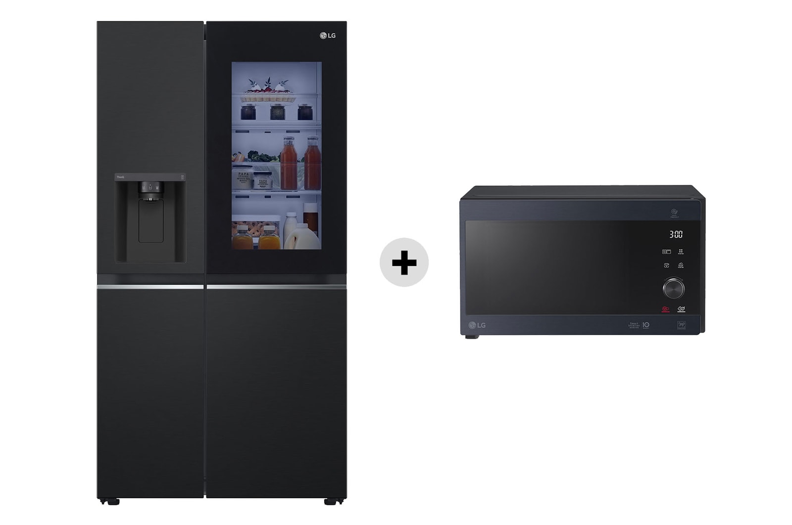 Vista frontale di Offerta Kit Esclusivo: Frigorifero Side-by-Side InstaView | Classe E, 635L | Nero opaco + Microonde NeoChef 25 litri, potenza 1000W | Inox nero GSGV80EPLL.MH6565