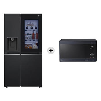 Vista frontale di Offerta Kit Esclusivo: Frigorifero Side-by-Side InstaView | Classe E, 635L | Nero opaco + Microonde NeoChef 25 litri, potenza 1000W | Inox nero GSGV80EPLL.MH6565