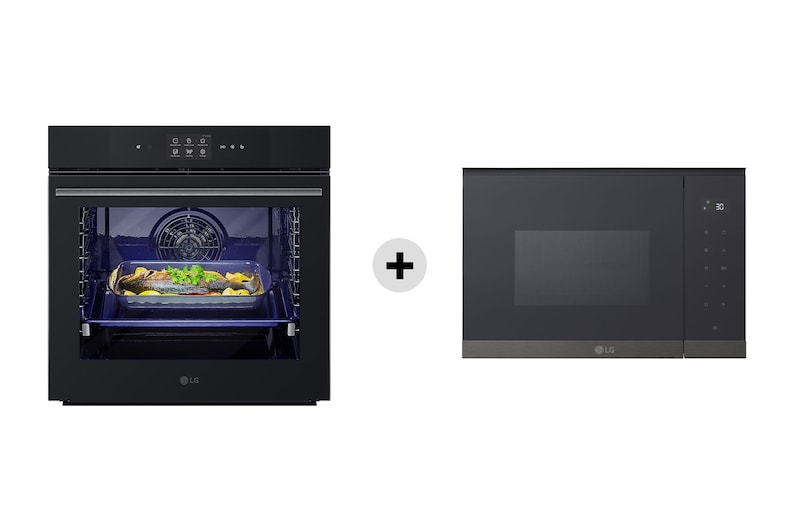 Vista frontale di Offerta Kit Esclusivo: Forno 100% vapore InstaView | 76L Classe A++ | Nero + Microonde da incasso 25 litri, 900W | Nero/deco acciaio nero WSED7667M.MG7ZB
