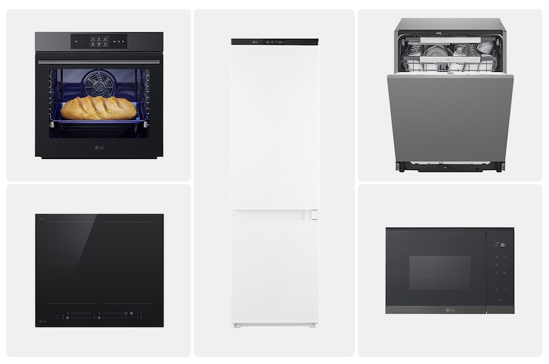 Vista frontale di Offerta Kit Esclusivo: Forno a vapore InstaView + Microonde da incasso + Piano cottura induzione 60cm + Lavastoviglie a scomparsa totale + Frigorifero da incasso Classe E KITCUCINA.1