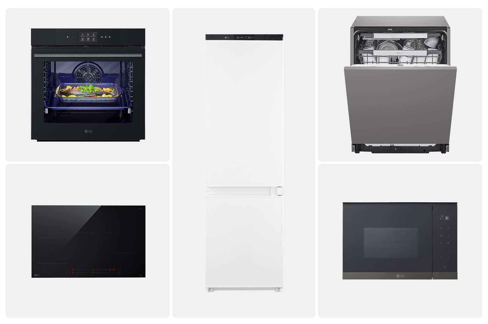Vista frontale di Offerta Kit Esclusivo: Forno 100% vapore InstaView + Microonde da incasso + Piano cottura induzione 80cm + Lavastoviglie a scomparsa totale + Frigorifero da incasso KITCUCINA.2