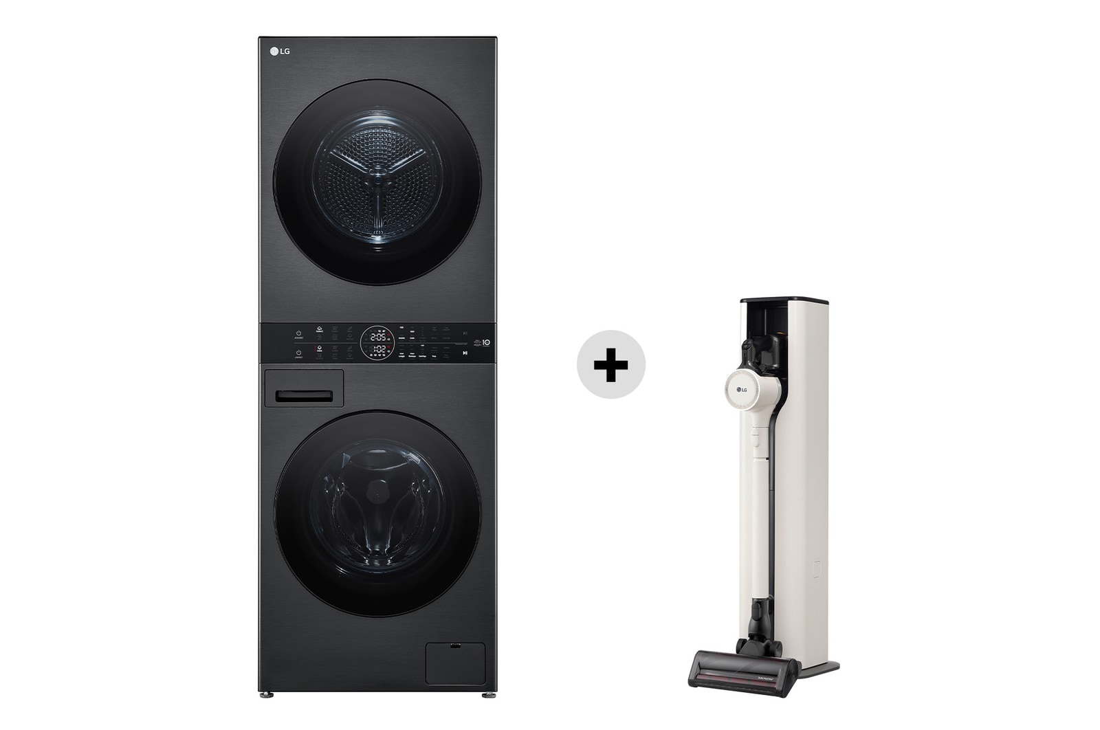 Vista frontale di Offerta Kit Esclusivo: WashTower Colonna Bucato 12/10kg AI DD | Classe A-10% / C + CordZero™ All-in-One A9T | Aspirapolvere Kompressor™ 260 W WT1210BBF.PRIME1C