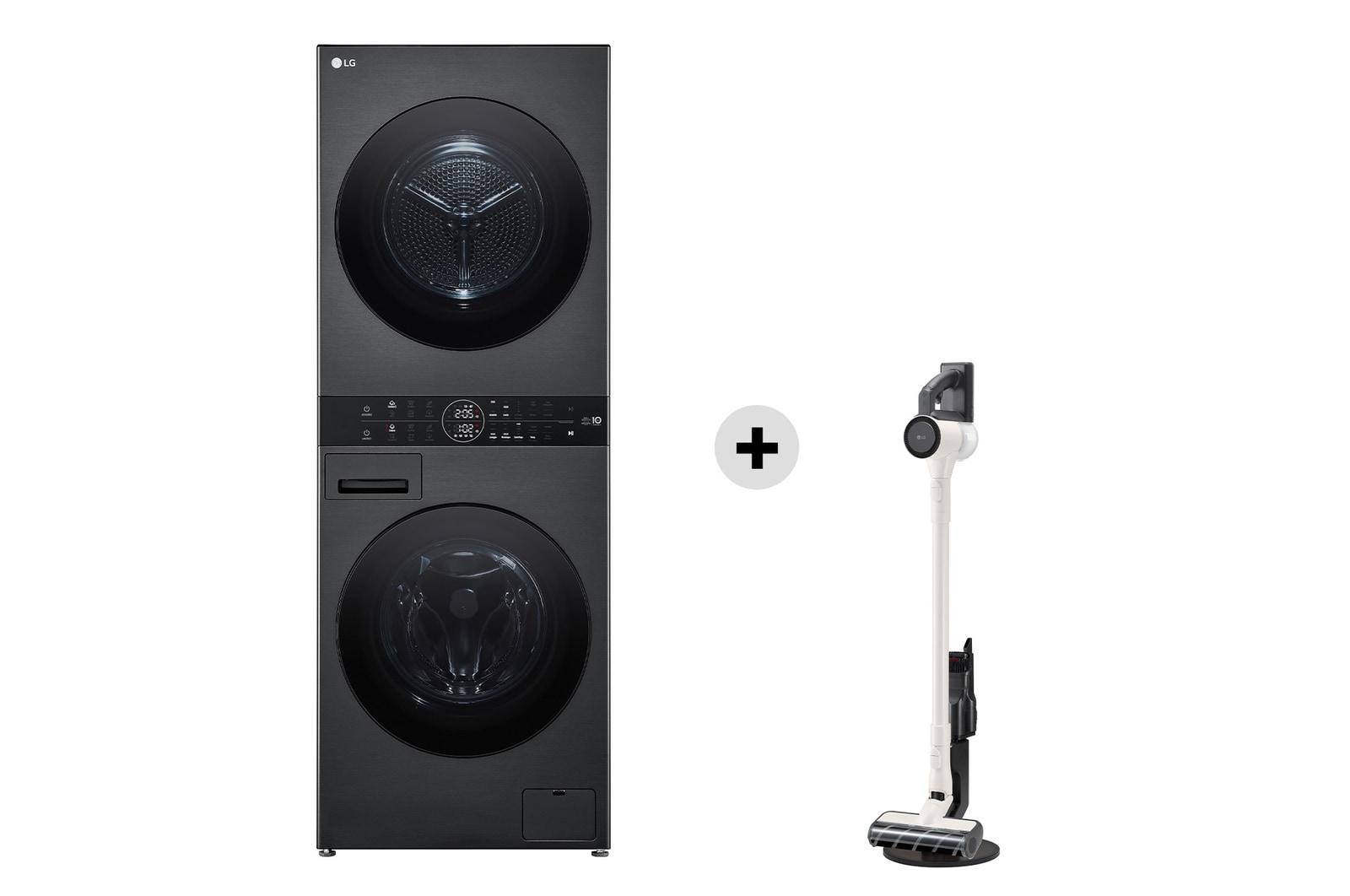 Vista frontale di Offerta Kit Esclusivo: WashTower Colonna Bucato 12/10kg AI DD | Classe A-10% / C + CordZero™ A9 Air | Aspirapolvere super-leggero 1,97 kg, 150 W WT1210BBF.SLIM1C