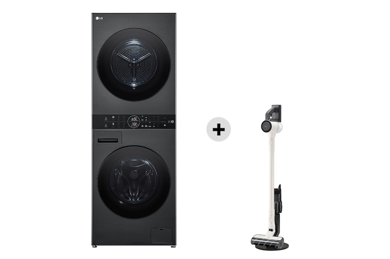 Vista frontale di Offerta Kit Esclusivo: WashTower Colonna Bucato 12/10kg AI DD | Classe A-10% / C + CordZero™ A9 Air | Aspirapolvere super-leggero 1,97 kg, 150 W WT1210BBF.SLIM1C