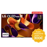 Vista frontale con TV LG OLED evo, OLED G4, emblema OLED di 11 anni numero 1 al mondo e logo di garanzia del pannello di 5 anni sullo schermo