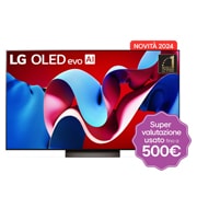 Vista frontale con TV LG OLED evo AI, OLED C4, 11 anni del logo emblema OLED n. 1 al mondo e del logo webOS Re:New Program sullo schermo