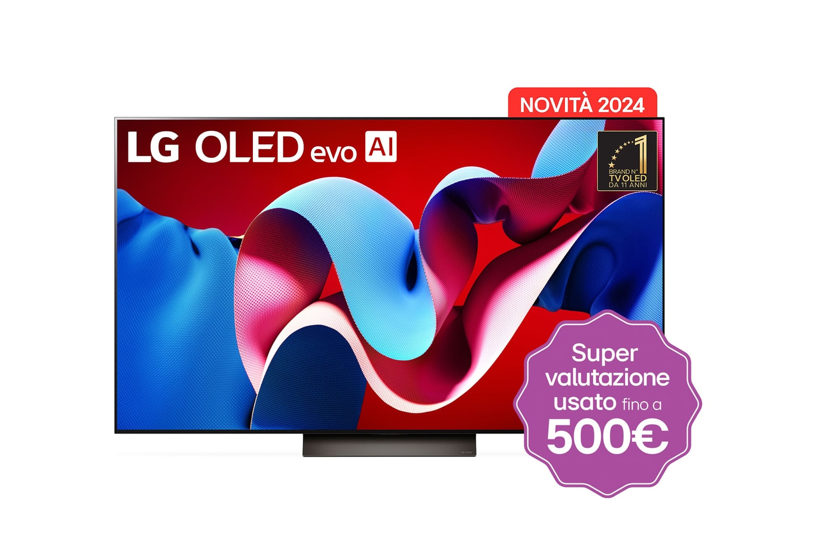 Vista frontale con TV LG OLED evo AI, OLED C4, 11 anni del logo emblema OLED n. 1 al mondo e del logo webOS Re:New Program sullo schermo