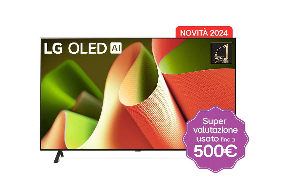 Vista frontale con LG OLED TV, OLED AI B4, 11 anni di emblema OLED n. 1 al mondo e logo webOS Re:New Program sullo schermo con supporto a 2 poli