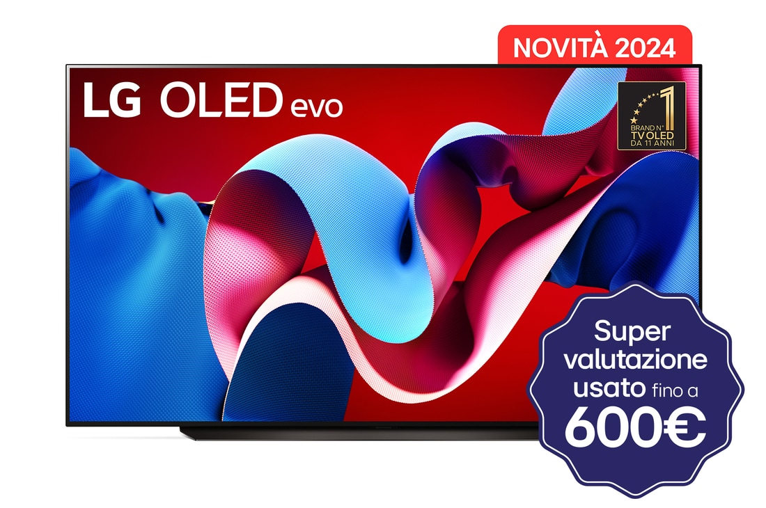 Vista frontale con TV LG OLED evo, OLED AI C4, 11 anni di emblema OLED n. 1 al mondo e logo webOS Re:New Program sullo schermo