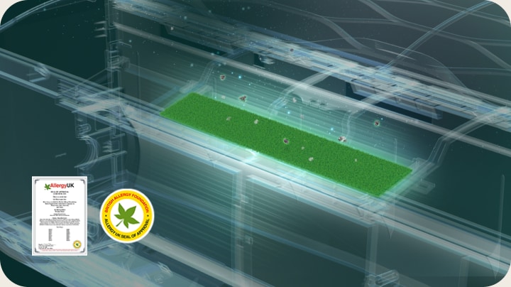 Condizionatore dotato di un filtro antiallergico che cattura le particelle, con certificazione e marchio Allergy UK.