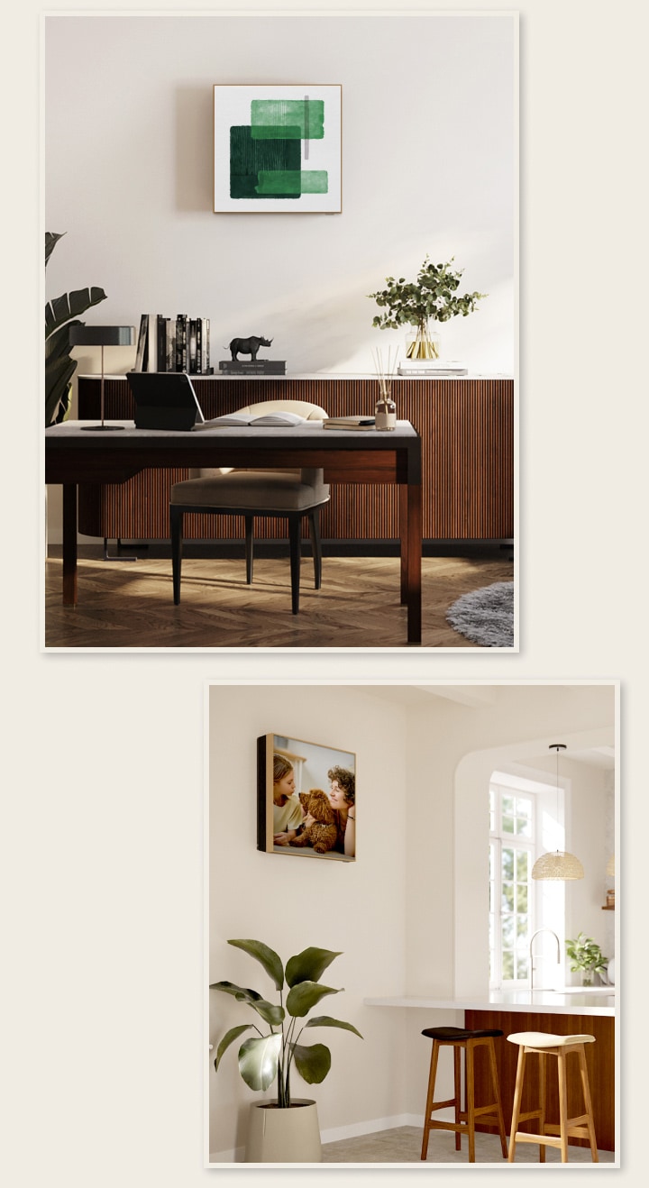 Ufficio elegante con scrivania in legno, libri, pianta, quadro verde; angolo cucina con piante e sgabelli in legno.