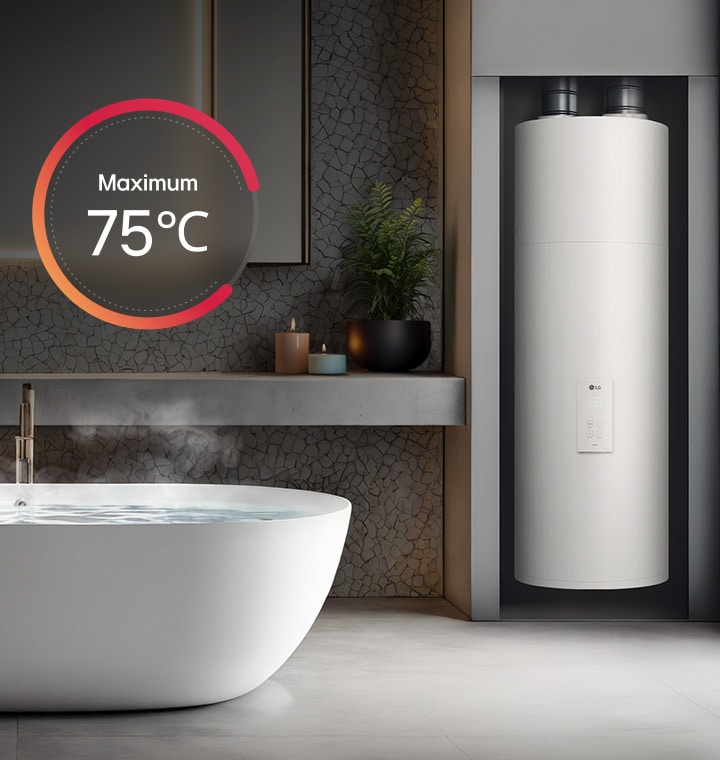 Scaldacqua a pompa di calore LG installato in un bagno moderno e di design con l'insegna che indica che l'acqua può raggiungere i 75°C.