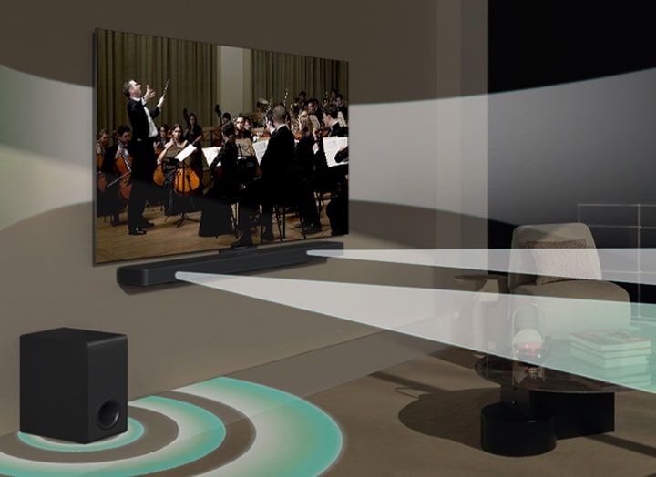 Sulla LG TV a parete viene riprodotta la scena di un concerto di violino. L’effetto sonoro virtuale proviene simultaneamente dalla LG TV, dalla LG Soundbar S40T e il suo subwoofer, mostrando come viene creata la funzionalità WOW Orchestra.