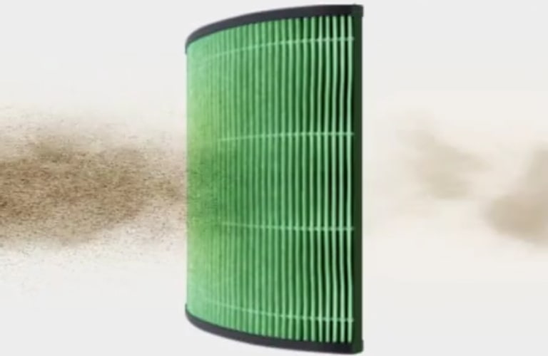 製品の3層構造フィルターを有害な空気が通過して、きれいな空気に濾過される様子を示しています。