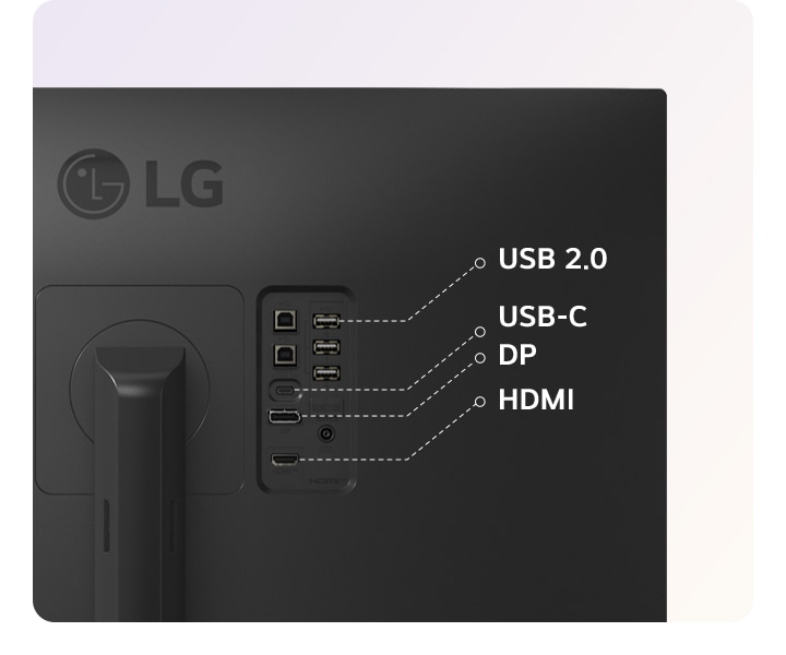 LGモニターの背面。 USB 2.0、USB-C、DP、HDMIのポートが表示され、柔軟な接続性がわかる。