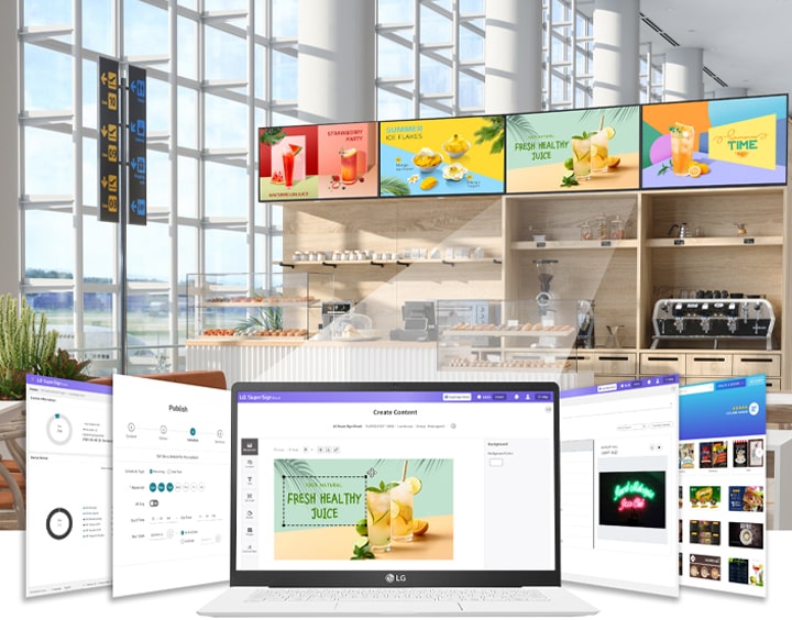 LG SuperSign Cloudのウェブサイトの5つのメイン画面がノートパソコン画面に表示されています。中央の画面はコンテンツエディターで、ユーザーはこの画面でコンテンツを作成できます。このコンテンツは、作成された時点で再生用としてサイネージに配信されます。その結果、このカフェのサイネージでは現在、作成されたコンテンツが再生されています。