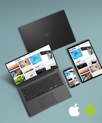 同期されたコンテンツを表示するLG gramノートパソコン、タブレット、スマートフォンの画像。画像には 「LG gram Link - すべてにつながる」という文字と、右下にAppleとAndroidのロゴが表示され、デバイス間の互換性を強調している。	