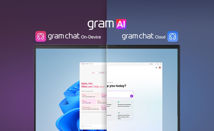 「gram AI」の2つの特徴的なモードを示す、分割画面の画像。左側にはピンクのアイコンの「gram chat On-Device」が、右側には青のアイコンの「gram chat Cloud」が表示されている。画面にはAIインターフェースが表示されており、これは両モードにおけるシームレスなAI機能をシンボル化しています。