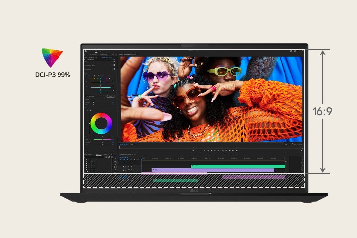 アスペクト比16:9の上部のスクリーンから、アスペクト比16:10の下部のスクリーンに移行するアニメーションの画像。DCI-P3 99%のロゴが右下に表示されている。この変化は、16:10のアスペクト比によって追加の垂直方向のスペースが提供され、生産性やマルチタスクを向上させることを視覚的に示している。