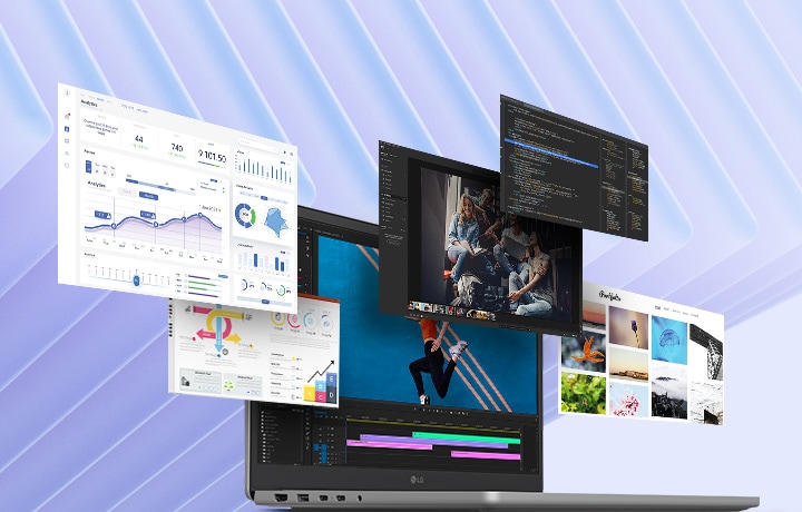 グレーのノートパソコンを表示する画像。周りにはアプリケーションウィンドウがいくつもフロート表示され、マルチタスク機能が備わっていることを強調している。アプリにはデータ分析、コーディング、写真編集、動画再生などが含まれ、生産性、クリエイティブな仕事、開発などのさまざまなタスクをサポートすることが示されている。