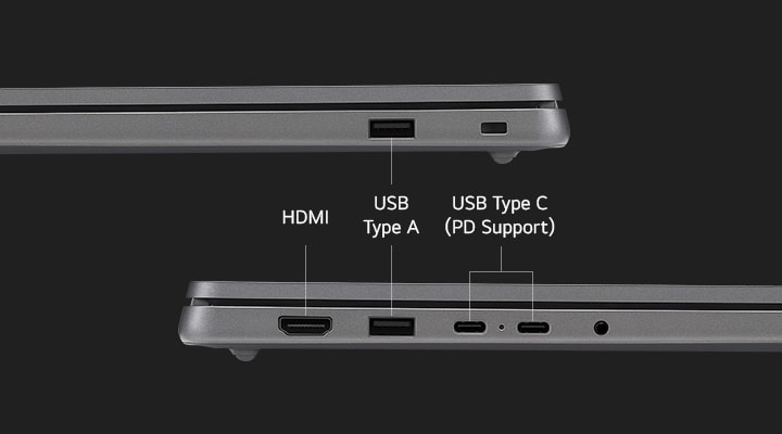 グレーのノートパソコンの側面図とポートを表示する画像。上面図ではUSB Type Aポートが強調されている。下面図にはHDMIポート、USB Type Aポート、PD（電力供給）対応のUSB Type-Cポート、ヘッドフォンジャックが含まれている。