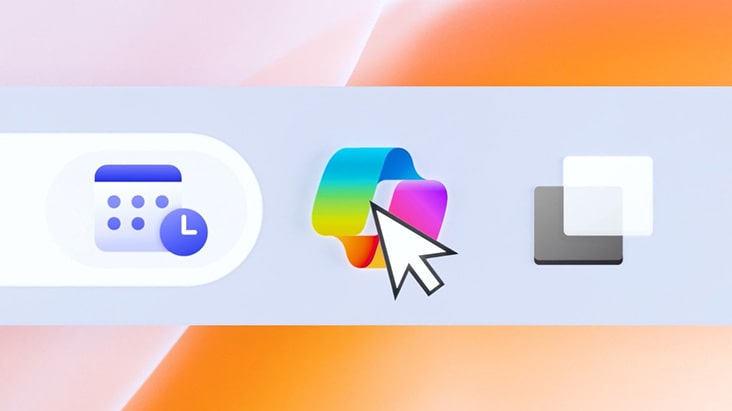 ユーザーインターフェースセグメントを表示する画像。タスクバーまたはアプリランチャーのアイコンが映し出されている。カーソルが強調する中央のアイコンは、Windows Copilotを示す。カラフルなシンボルが、AI搭載のアシスタンスであることを提示している。
