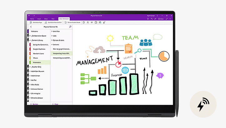 右側にスタイラスペンがアタッチされた、タブレットモードのノートパソコンの画像。充電アイコンが、充電ステータスを示している。別の画像には、スクリーンを開いたノートパソコンが表示される。スタイラスペンがキーボードの右下にアタッチされている。充電アイコンは、無線の充電機能が備わっていることを示す。