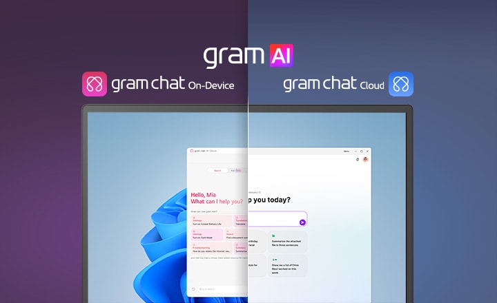 「gram AI」の2つの特徴的なモードを示す、分割画面の画像。左側にはピンクのアイコンの「gram chat On-Device」が、右側には青のアイコンの「gram chat Cloud」が表示されている。画面にはAIインターフェースが表示されており、これは両モードにおけるシームレスなAI機能をシンボル化しています。