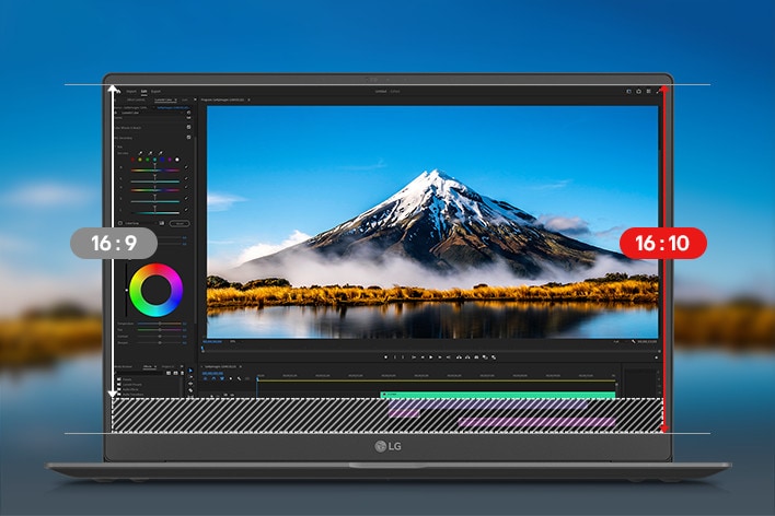 画面に見事な山々の風景が表示された動画編集インターフェースを映し出したノートパソコン。アスペクト比を16:9から16:10へ移行させたケースを強調するアニメーション。16:10によって実現される実際の作業スペースの拡張を強調しています。