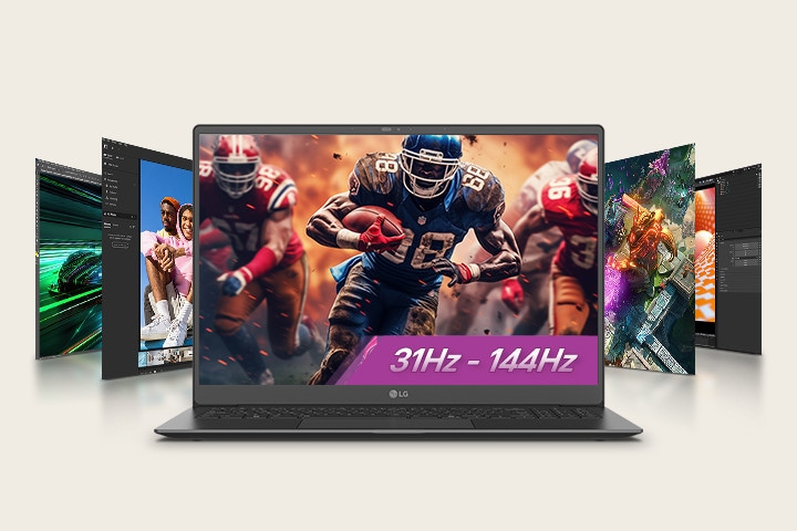 アクション満載のサッカーシーンを画面に映し出したノートパソコンに「31Hz - 144Hz」というテキストがさまざまなビジュアルを表示する他の画面に囲まれる形でハイライト表示されています。この設定は、ゲーミングとマルチメディアにおける幅広い汎用性を可変リフレッシュレートで実現できることを強調しています。