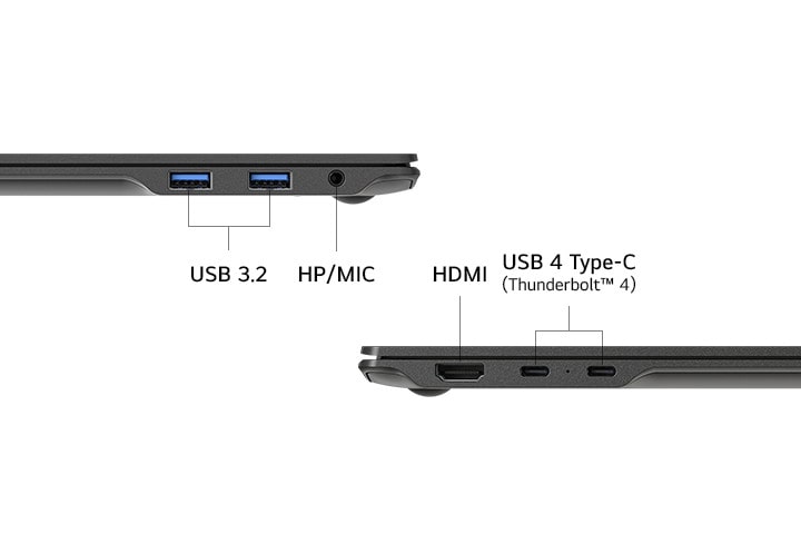 USB 3.2、ヘッドホン/マイクコンボジャック（HP/MIC）、HDMI、USB 4 Type-C (Thunderbolt™ 4) を含むポートを示す、ノートパソコンの側面図。すっきりとしたレイアウトはさまざまな接続オプションを強調しています。