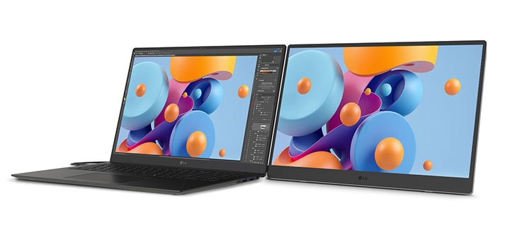 この画像は接続されたLG gram +viewとLG gramを示しています。フォトショップの作業をLG gramで行っており、その画面がLG gram +viewにも表示されています。LG gram +viewを使うことで作業効率が高まり、コラボレーションがぐっと楽になります。