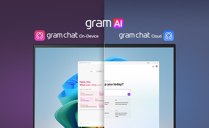 「gram AI」の2つの特徴的なモードを示す、分割画面の画像。左側にはピンクのアイコンの「gram chat On-Device」が、右側には青のアイコンの「gram chat Cloud」が表示されている。画面にはAIインターフェースが表示されており、これは両モードにおけるシームレスなAI機能をシンボル化しています。	