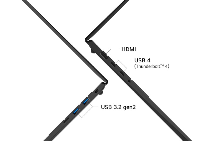 HDMI、USB 4 (Thunderbolt™ 4)、USB 3.2 gen2など、ノートパソコンのサイドポートを強調する画像。ノートパソコンが多様な接続性オプションを備えていることを示している。