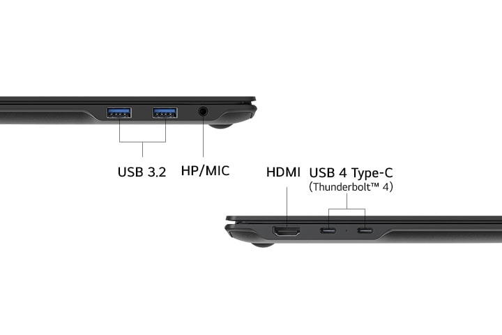 USB 3.2、ヘッドホン/マイクコンボジャック（HP/MIC）、HDMI、USB 4 Type-C (Thunderbolt™ 4) を含むポートを示す、ノートパソコンの側面図。すっきりとしたレイアウトはさまざまな接続オプションを強調しています。	