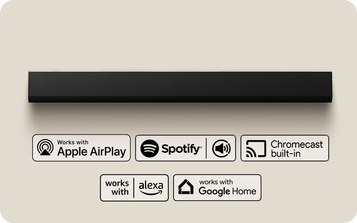 俯瞰視点からのLG Soundbar。 Apple AirPlayのロゴ Amazon Alexaのロゴ Google Homeのロゴ