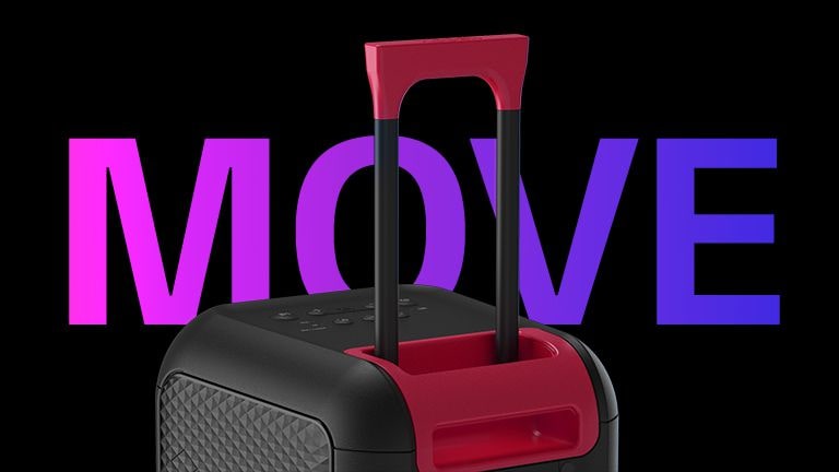 伸縮ハンドルのクローズアップ。背面の「MOVE」という文字はデザインです。