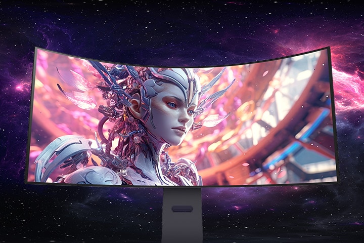 このアニメーション動画は、曲面モニターの正面から上面へ移動する様子を示しています。