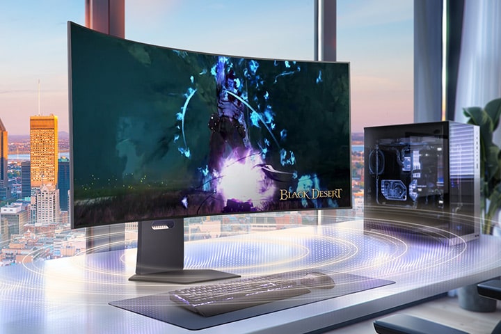 このアニメーション動画では、モニターの下部から音波が放射される様子と、4極ヘッドフォンが接続される過程を示しています。