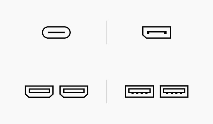 USB Type-C™、DisplayPort、HDMIおよびUSB（Downstream3.0）ポートのピクトグラム画像。	