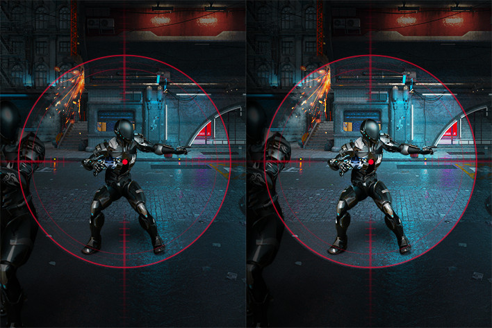 暗い場所に隠れている狙撃者をすぐに見つけ、爆発の光が見えたらすぐにその場を離れることも可能です。Black Stabilizerの比較 - 左の画像はBlack Stabilizerが「オフ」、右の画像はBlack Stabilizerが「オン」