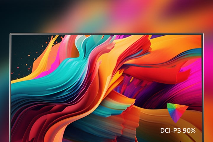 画面にUHD 4Kを表すさまざまな色が映し出され、右下には「DCI-P3 90%」のロゴが表示されている。	
