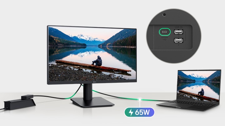 1本のUSB-Cケーブルで接続されたノートパソコンとモニターの画像。