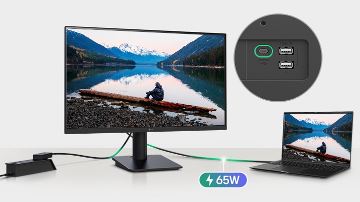 1本のUSB-Cケーブルで接続されたノートパソコンとモニターの画像。