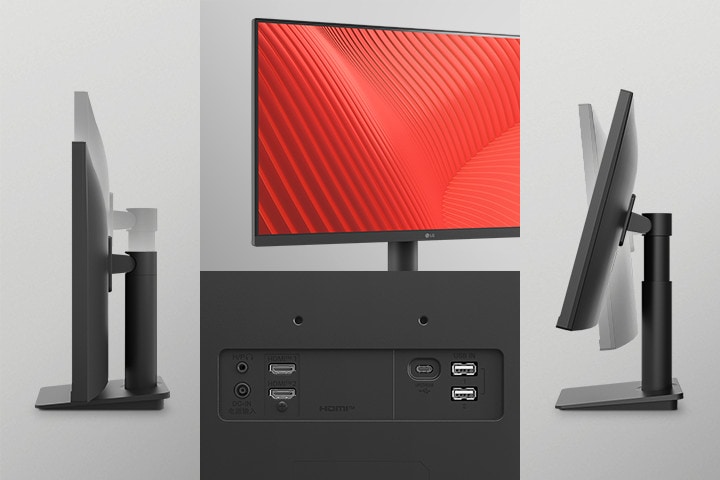 画像には3辺のスリムなベゼル、様々なポート、モニターの傾きと高さ表示が表示されています。