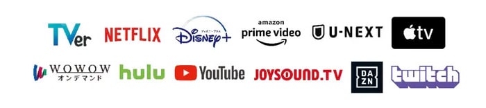 TVer、NETFLIX、ディズニープラス、amazon Prime Video、U-NEXT、AppleTV、wowowオンデマンド、hulu、YouTube、JOYSOUND.TV、DAZN、twitch