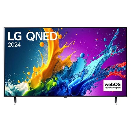 「LG QNED, 2024」という文字と「webOS Re:New Program」のロゴが画面に表示されたLG QNED TV、QNED80の正面画像