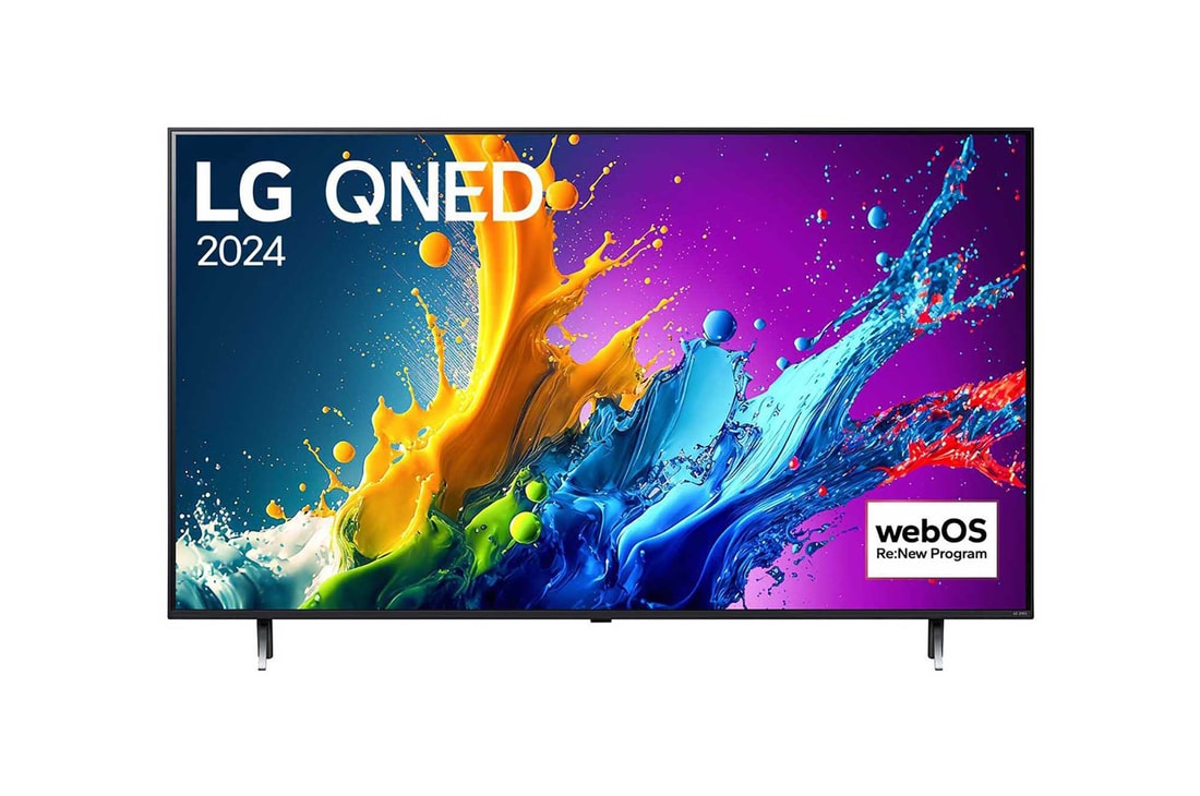 「LG QNED, 2024」という文字と「webOS Re:New Program」のロゴが画面に表示されたLG QNED TV、QNED80の正面画像