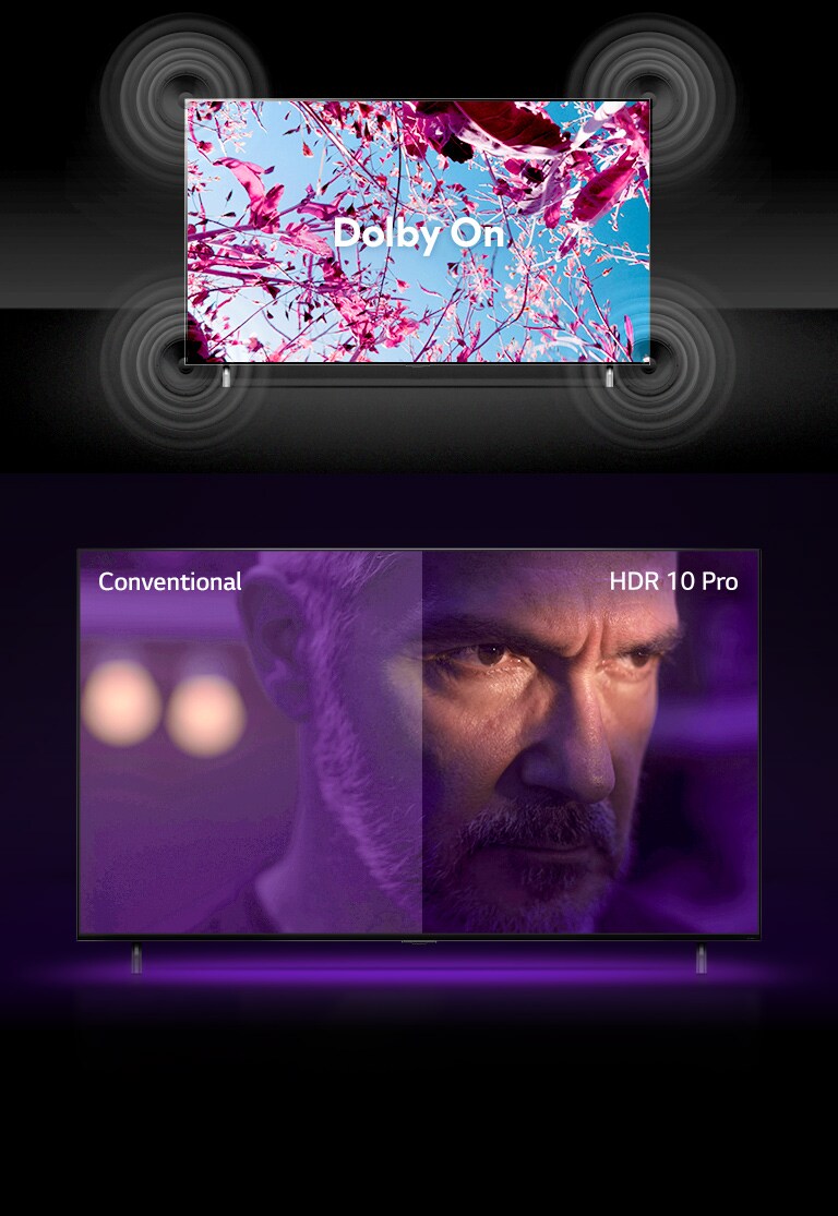 QNED TV 画面には、夏の畑に咲くピンク色の菜種の花が表示され、中央に「ドルビーオフ」と表示されています。画面内の画像が明るくなると、「ドルビーオン」と表示されます。下には、別の QNED TV があり、画面に怒っているような老人の男性が映っています。テレビ画面のイメージは 2 つの部分に分かれています。画像の左半分は色がくすんでいて鮮やかさがなく、画像の右半分は色が豊かで鮮明に見えます。左上隅には「従来型」、右上隅には「HDR 10 PRO」と表示されています。