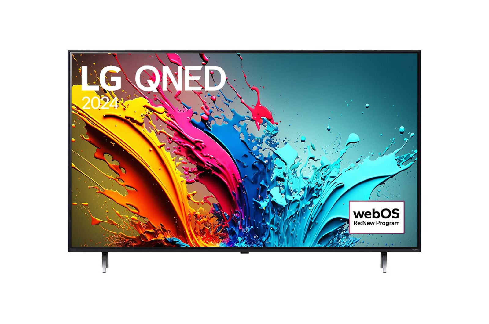 「LG QNED, 2024」という文字と「webOS Re:New Program」のロゴが画面に表示されたLG QNED TV、QNED85の正面画像